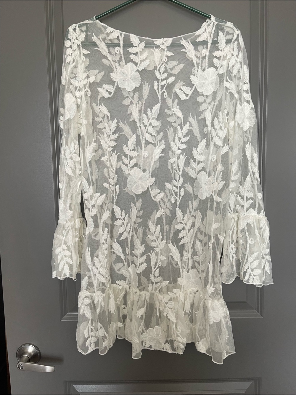 Sheer Mesh see through ivory  Floral Embroidered Long-Sleeve Dress S-M